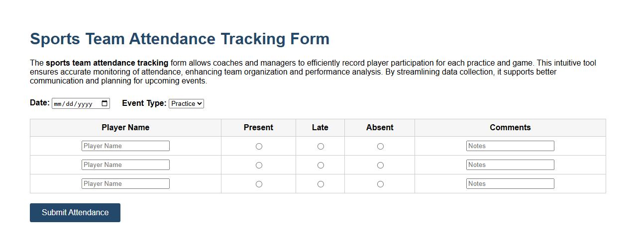 Example sports team attendance tracking form image preview