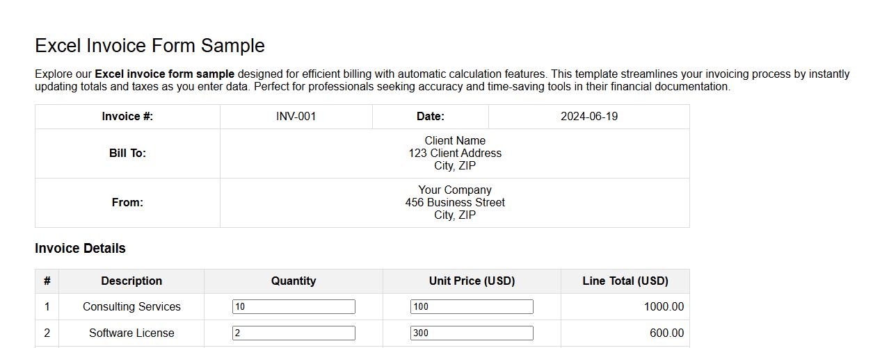 Excel invoice form sample with automatic calculation image preview