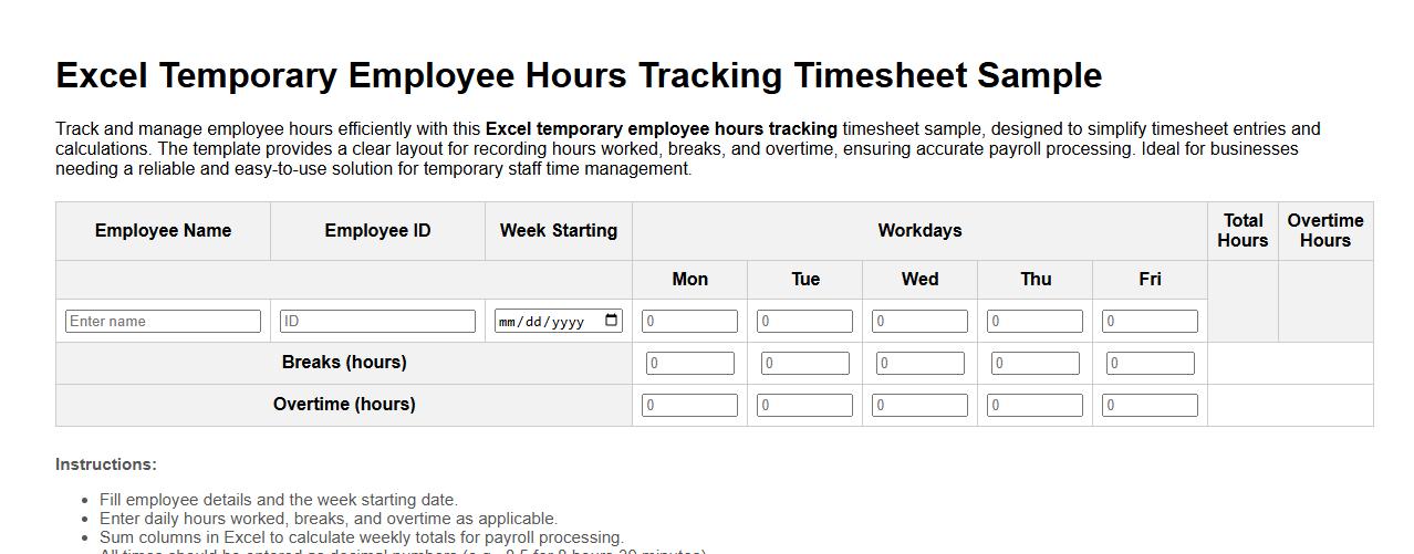 excel temporary employee hours tracking timesheet sample image preview