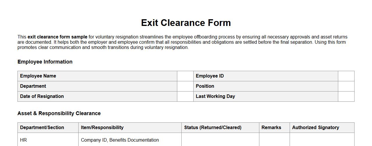 exit clearance form sample for voluntary resignation image preview