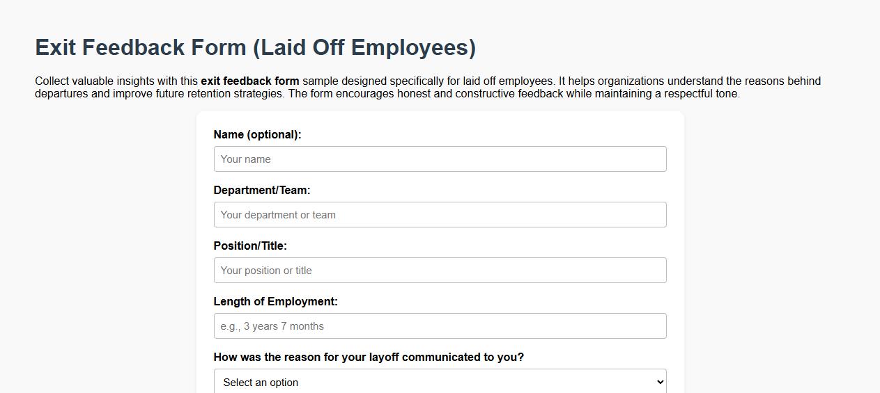 Exit feedback form sample for laid off employees image preview