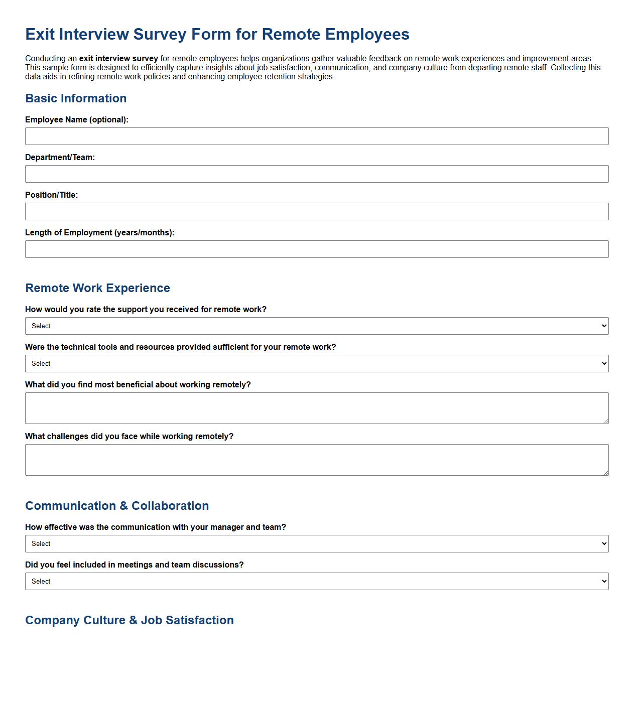 exit interview survey form sample for remote employees image preview