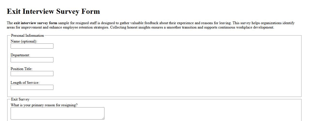 exit interview survey form sample for resigned staff image preview