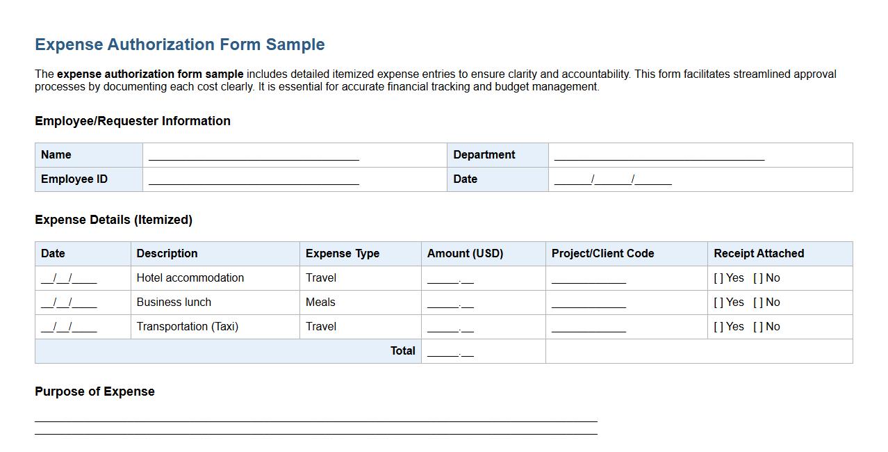 expense authorization form sample with itemized expense details image preview
