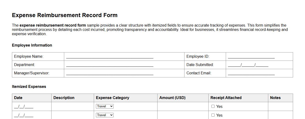 expense reimbursement record form sample with itemized fields image preview