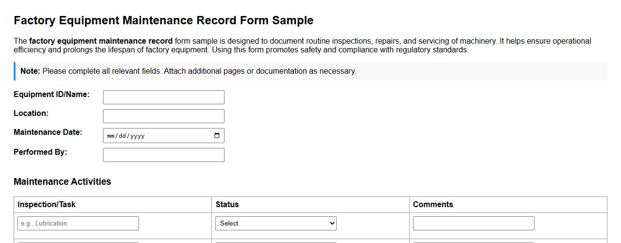 Factory equipment maintenance record form sample image preview