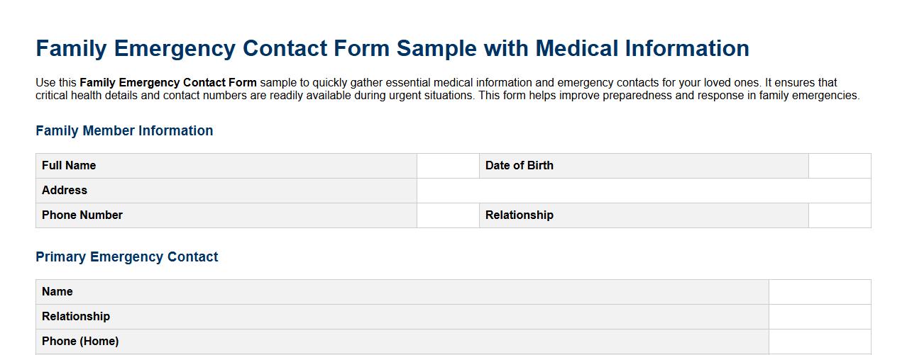 Family Emergency Contact Form Sample with Medical Information image preview