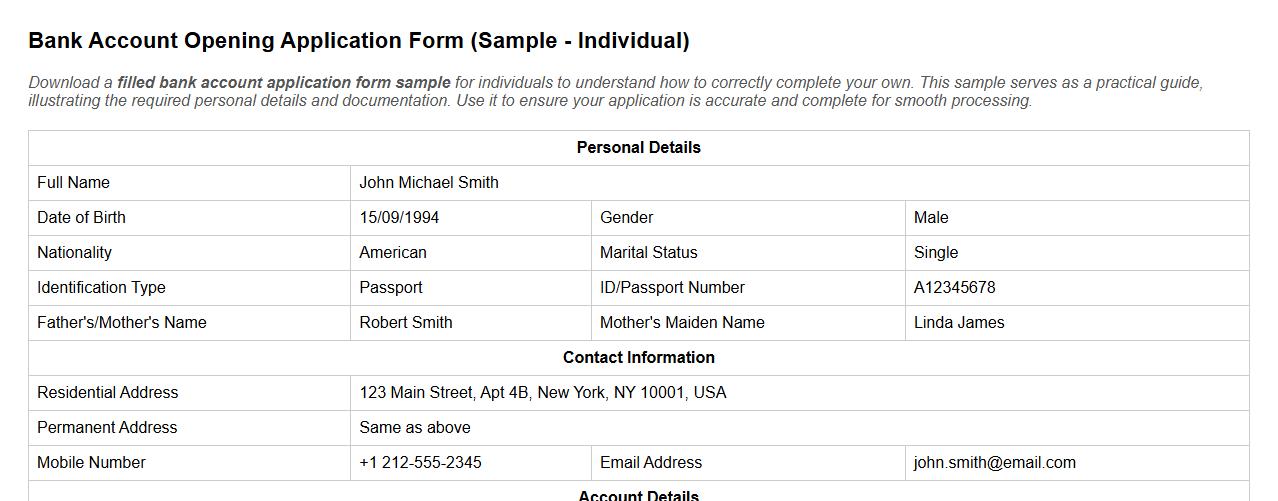 filled bank account application form sample for individuals image preview