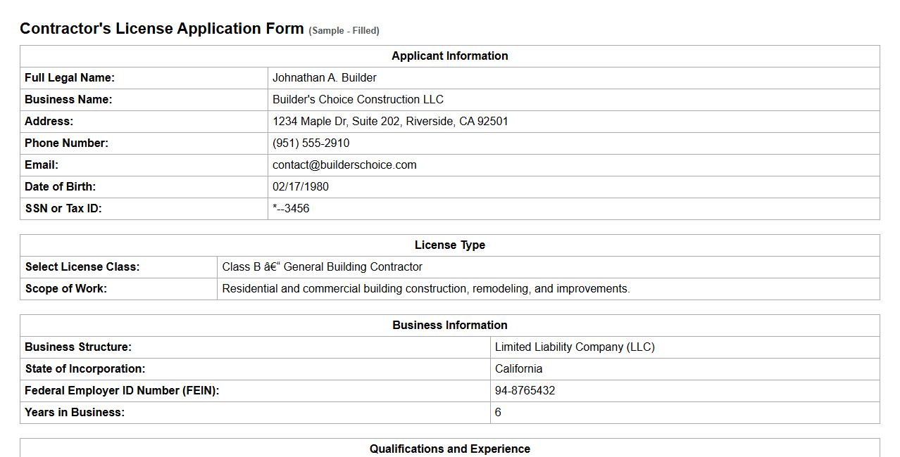 filled contractor’s license application form sample example image preview