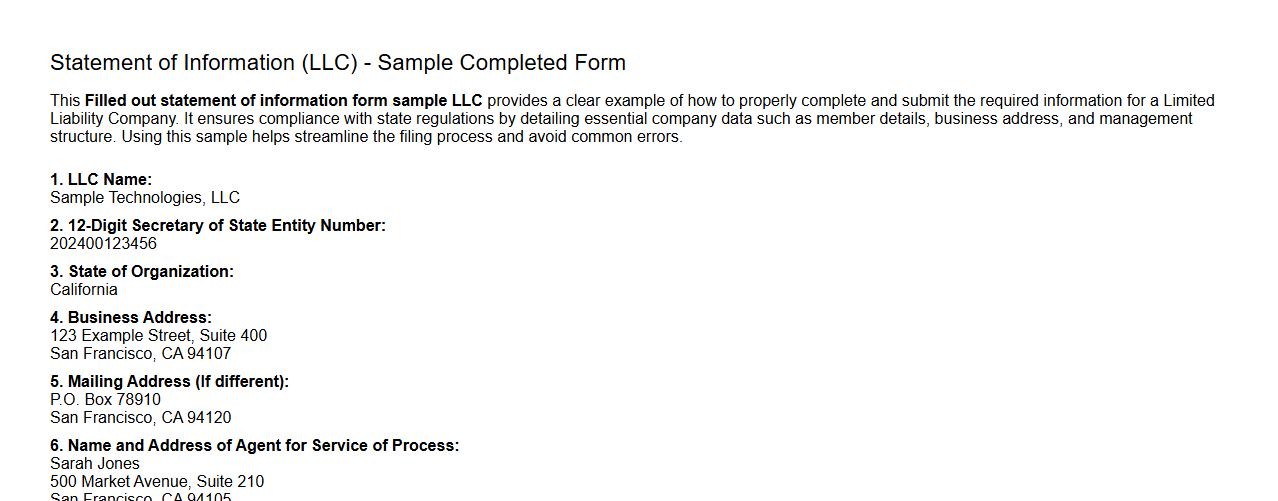Filled out statement of information form sample LLC image preview