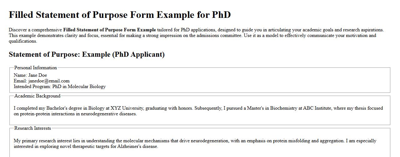 Filled Statement of Purpose Form Example for PhD image preview