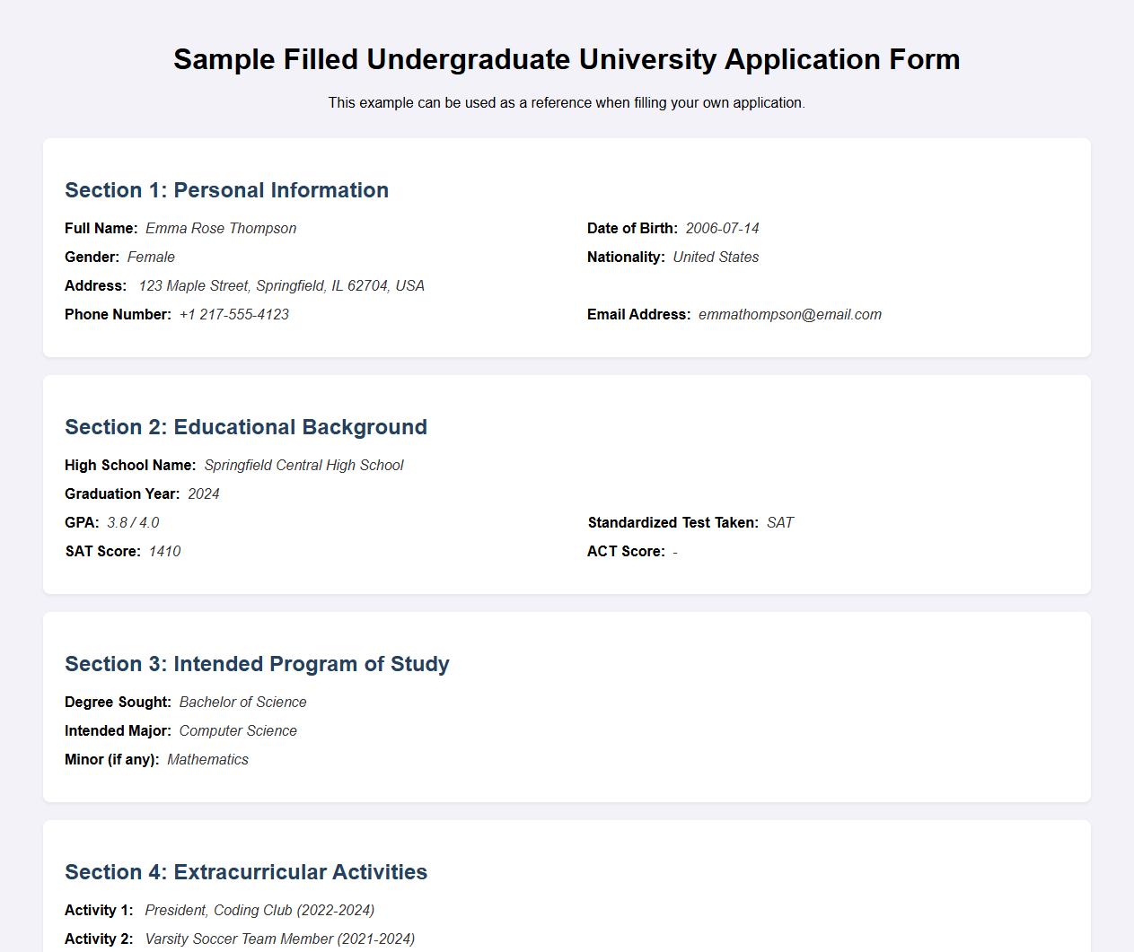 filled university application form sample for undergraduate image preview