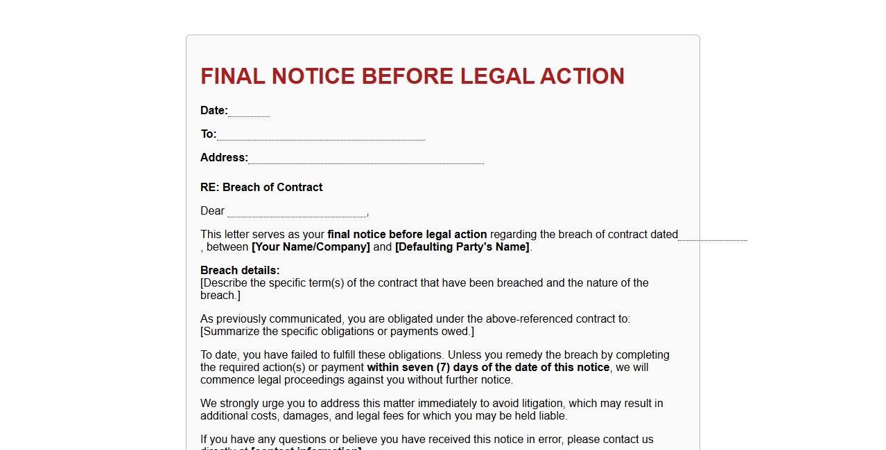 Final notice before legal action form sample for breach of contract image preview