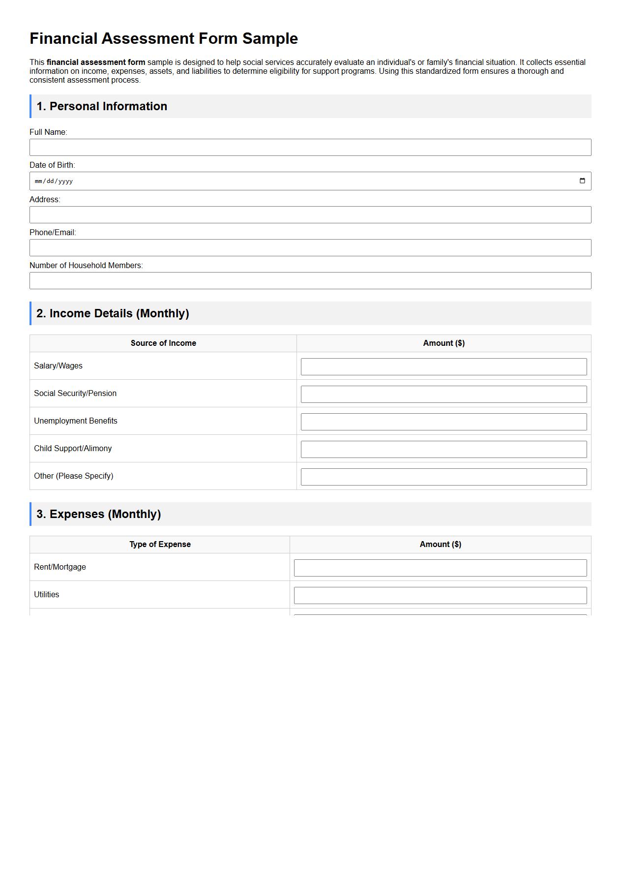 Financial assessment form sample for social services image preview
