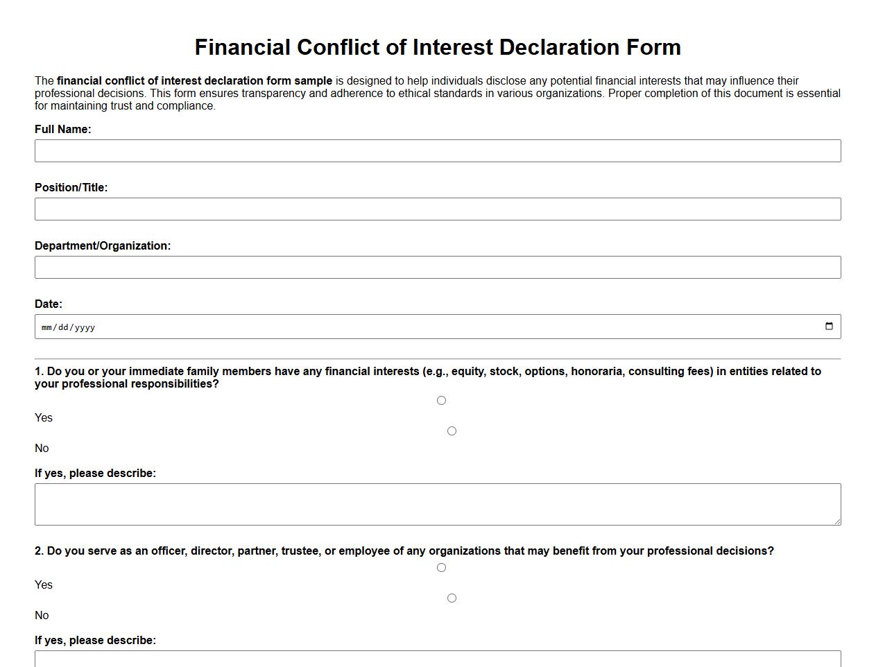 financial conflict of interest declaration form sample image preview