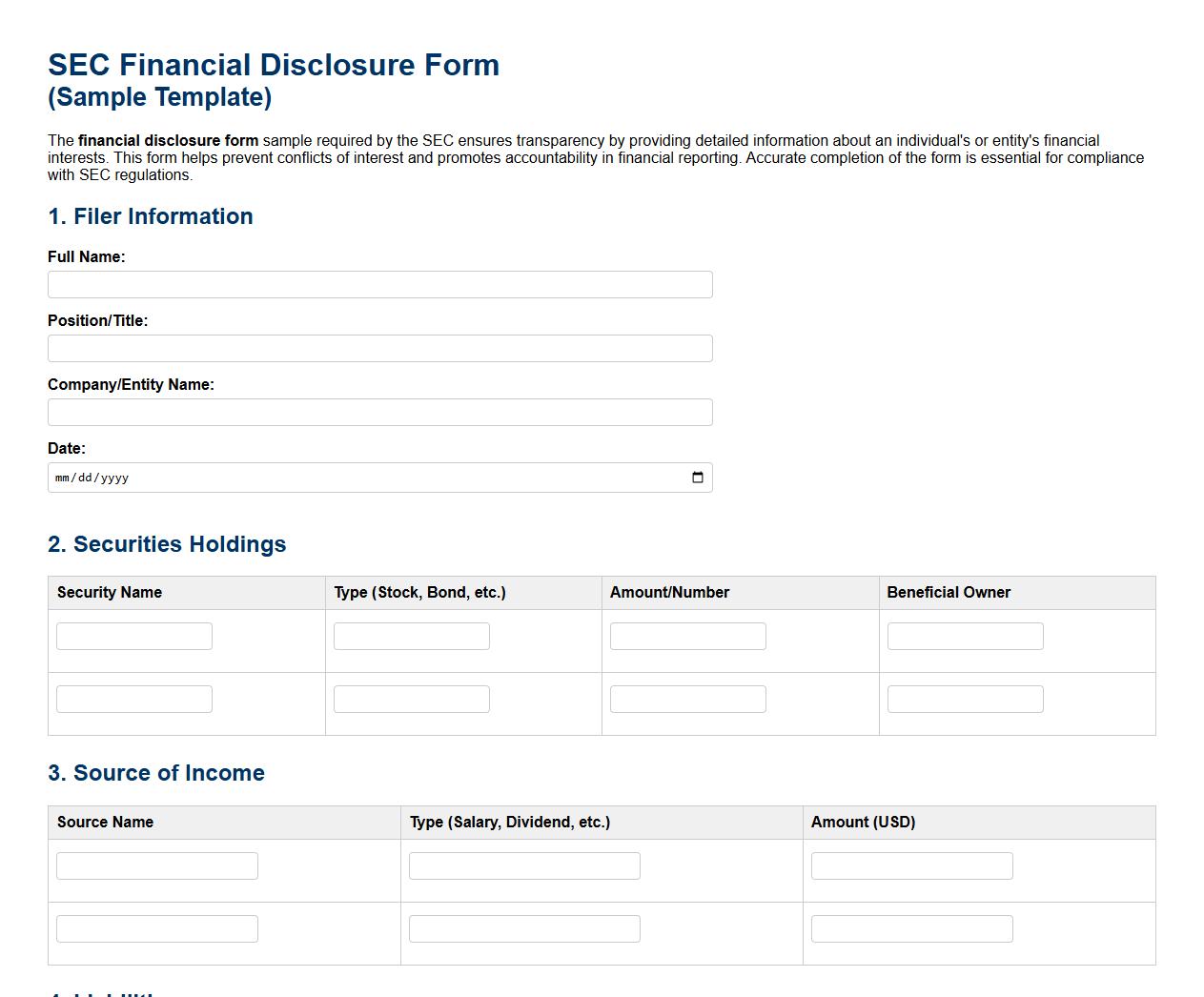 financial disclosure form sample required by SEC image preview