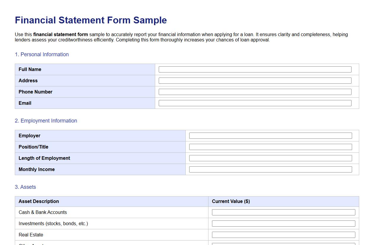 financial statement form sample for loan application image preview