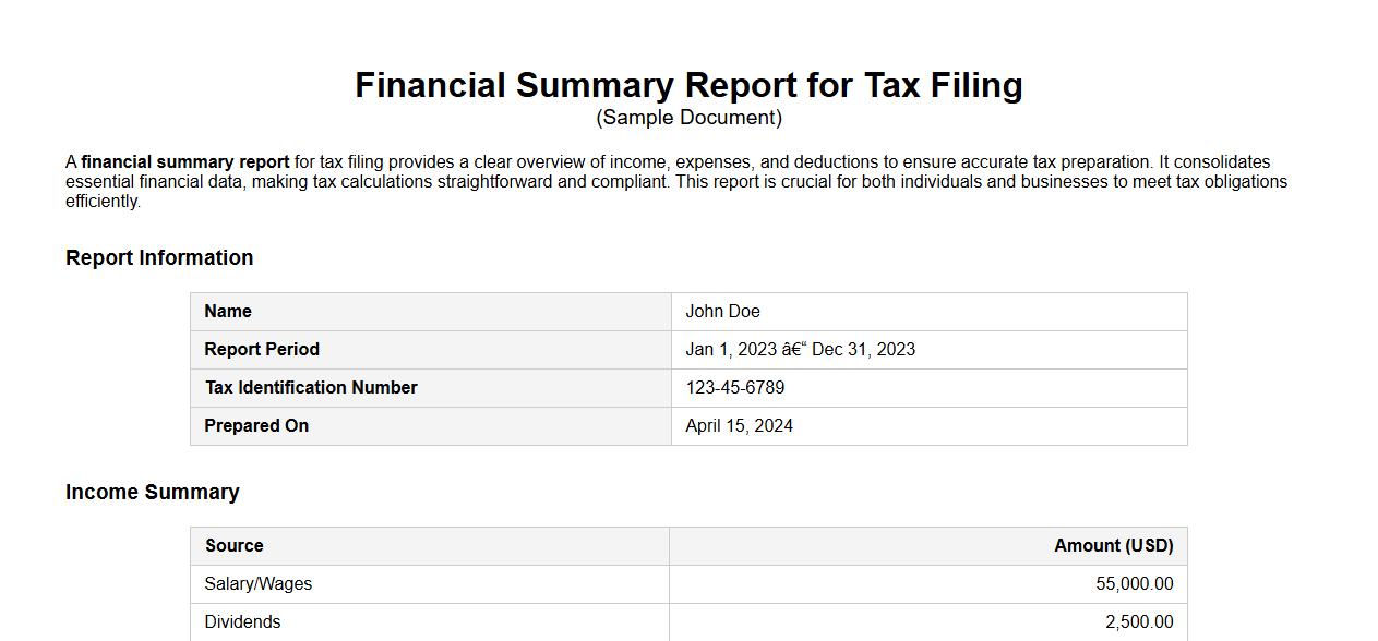 financial summary report for tax filing image preview