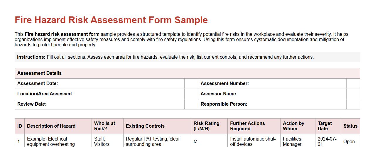 Fire hazard risk assessment form sample image preview
