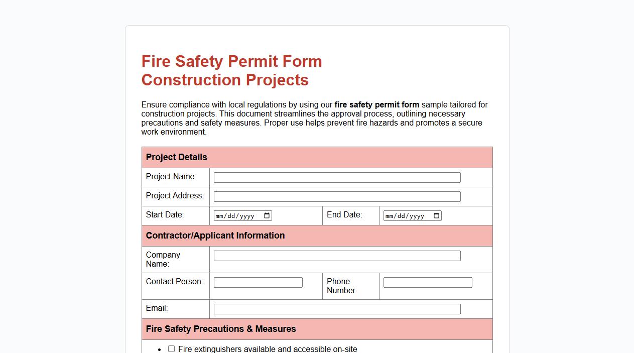 fire safety permit form sample for construction projects image preview
