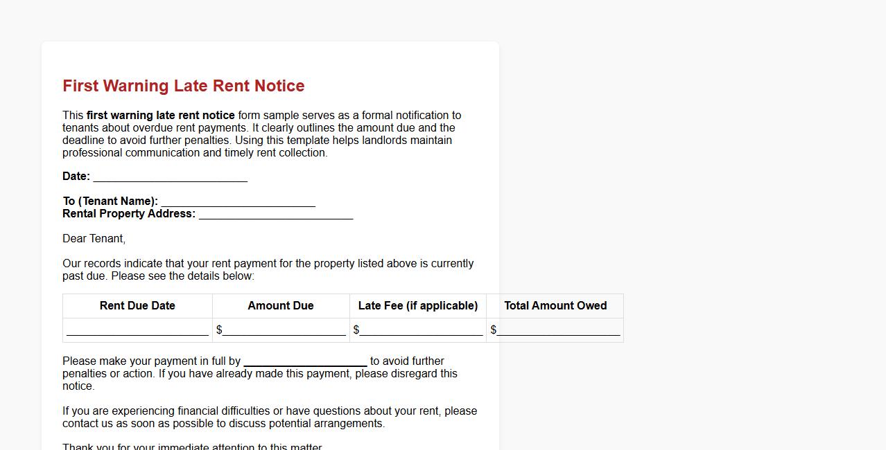 First warning late rent notice form sample image preview