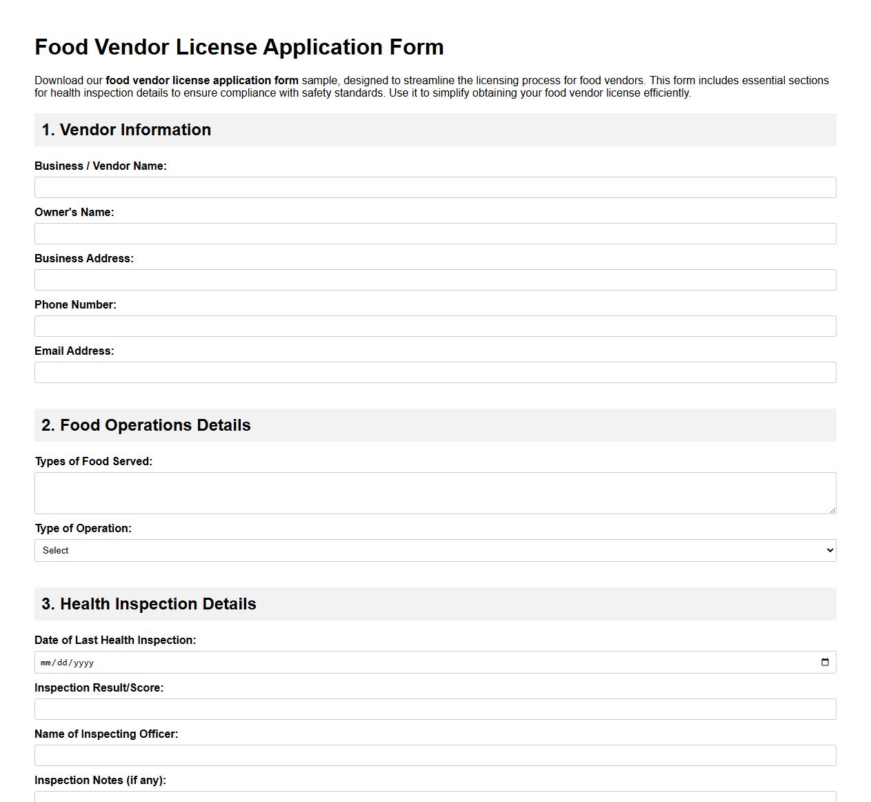 Food vendor license application form sample with health inspection image preview