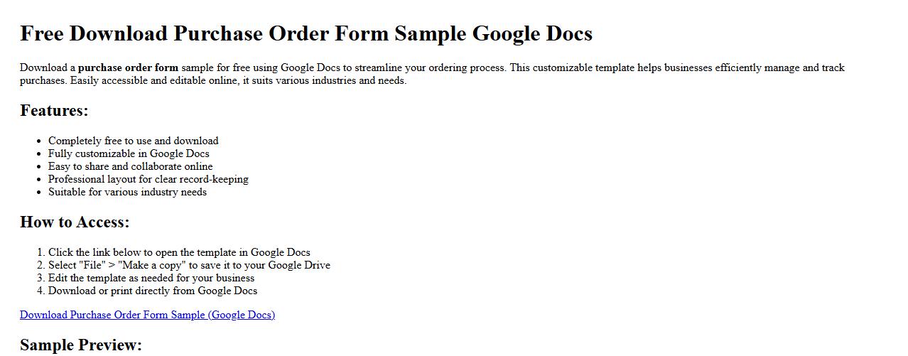 Free download purchase order form sample Google Docs image preview