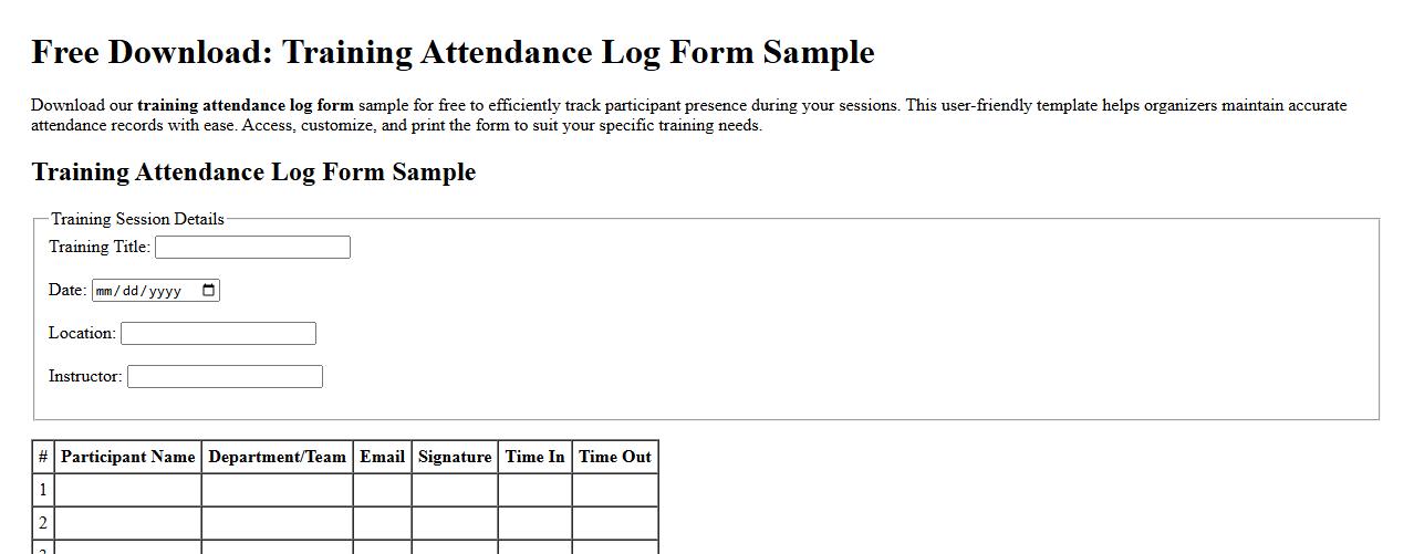 free download training attendance log form sample image preview