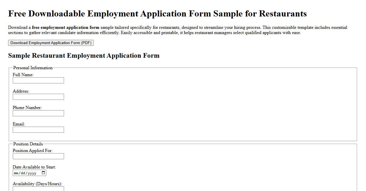 Free downloadable employment application form sample for restaurants image preview