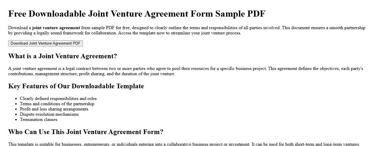 Free downloadable joint venture agreement form sample PDF image preview