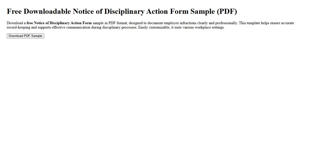 Free downloadable Notice of Disciplinary Action Form sample in PDF image preview
