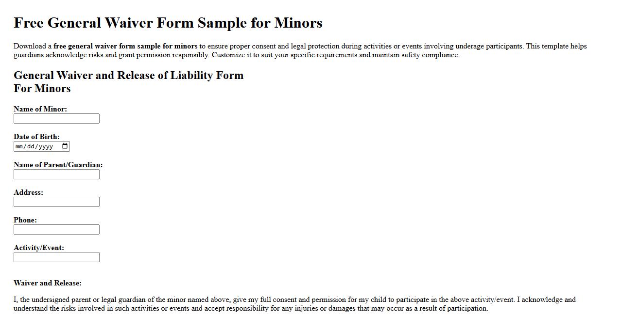 free general waiver form sample for minors image preview