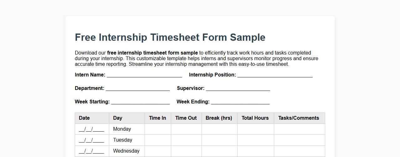 free internship timesheet form sample image preview