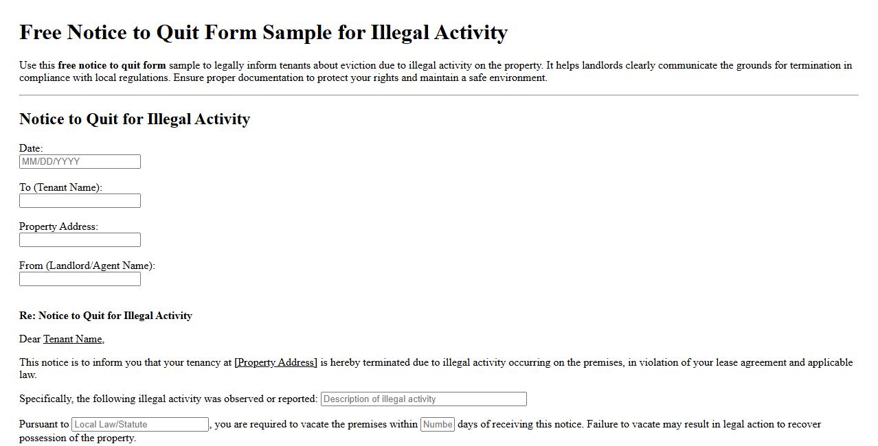 Free notice to quit form sample for illegal activity image preview