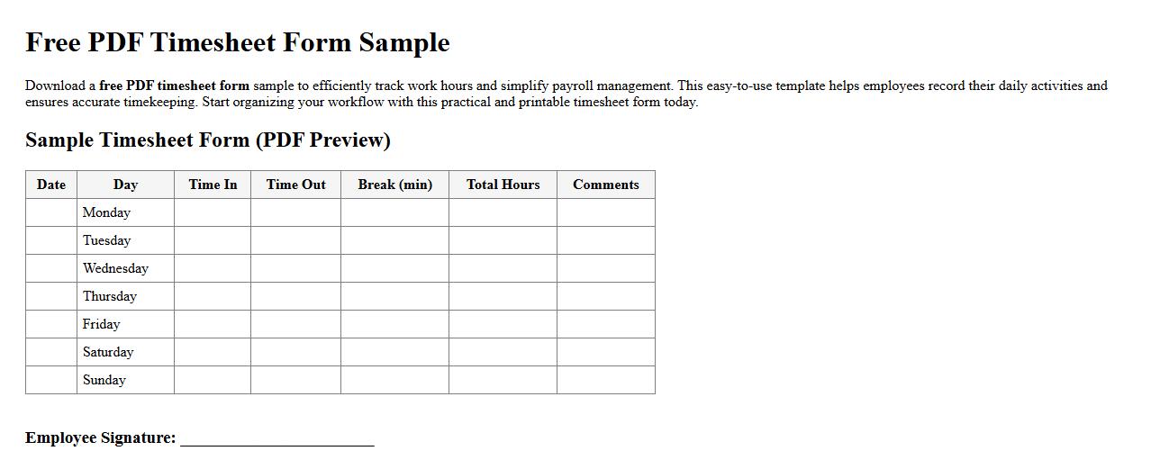 Free PDF timesheet form sample image preview