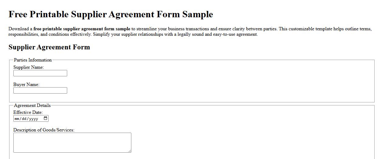 Free printable supplier agreement form sample image preview