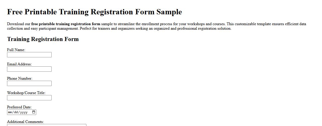 Free printable training registration form sample image preview