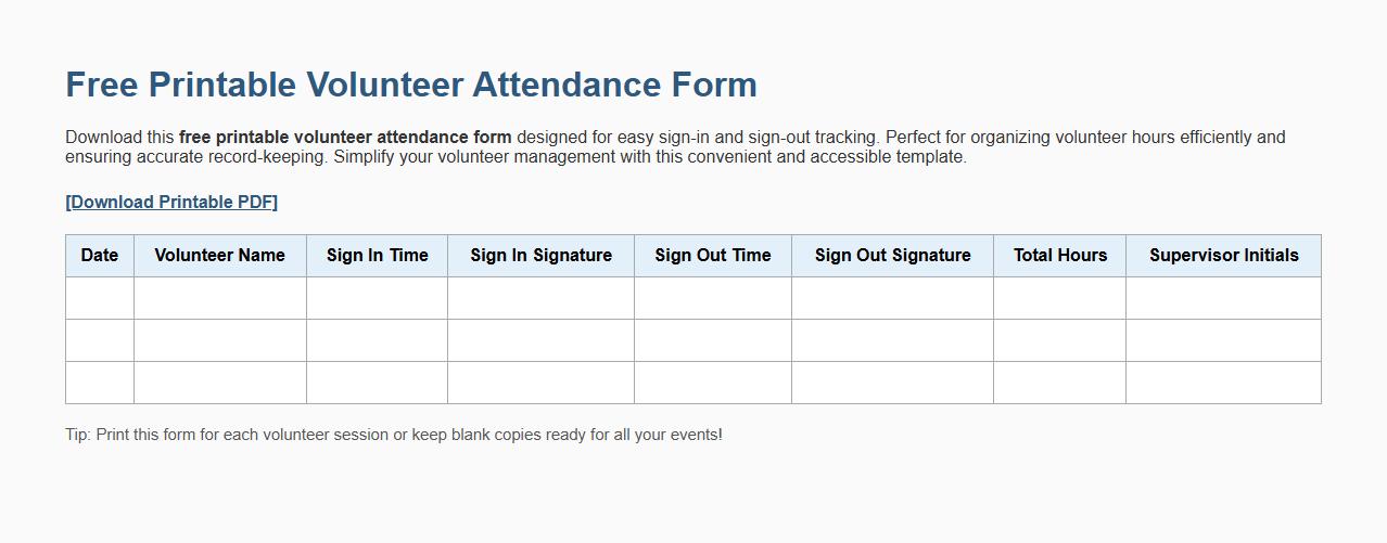 free printable volunteer attendance form with sign in and sign out image preview
