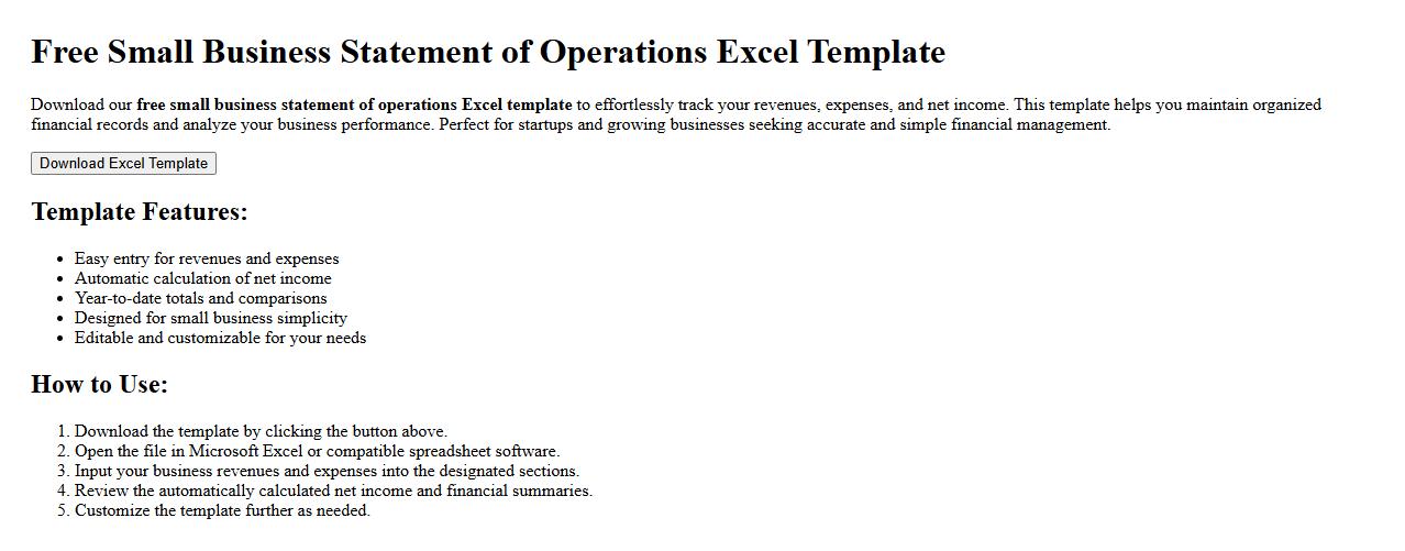 free small business statement of operations Excel template image preview