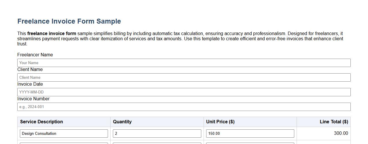 Freelance invoice form sample including tax calculation image preview