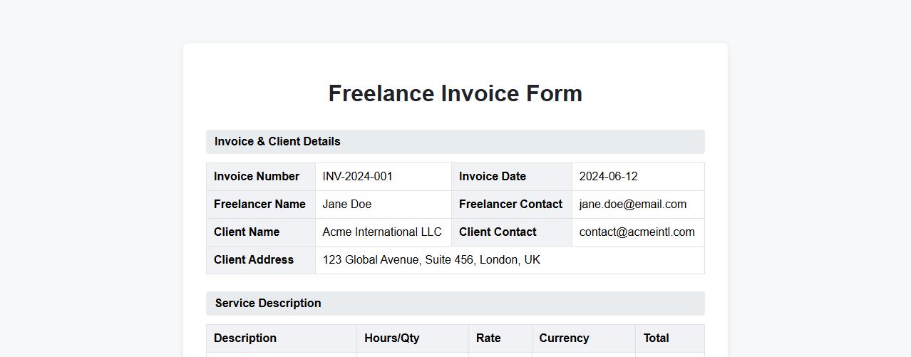 Freelance invoice form sample for international clients image preview