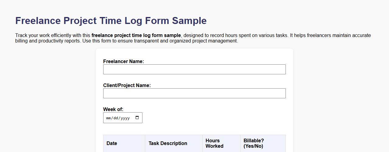 freelance project time log form sample image preview