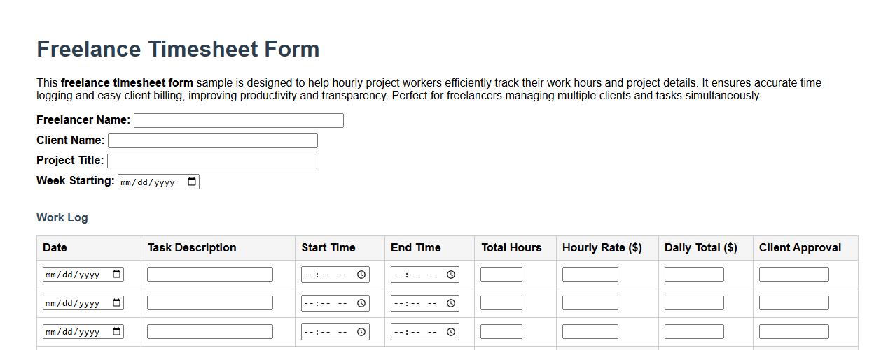 Freelance timesheet form sample for hourly projects image preview