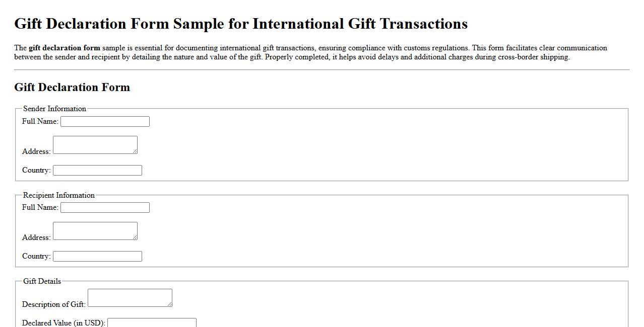 Gift declaration form sample for international gift transactions image preview