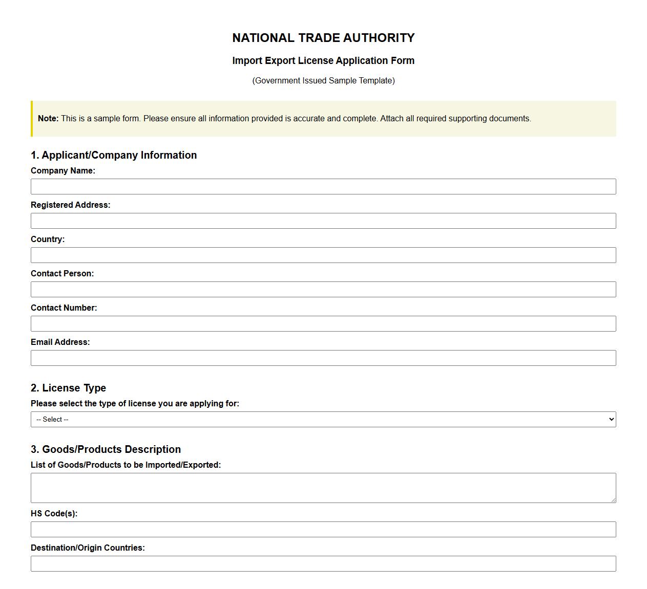 government issued import export license form sample image preview