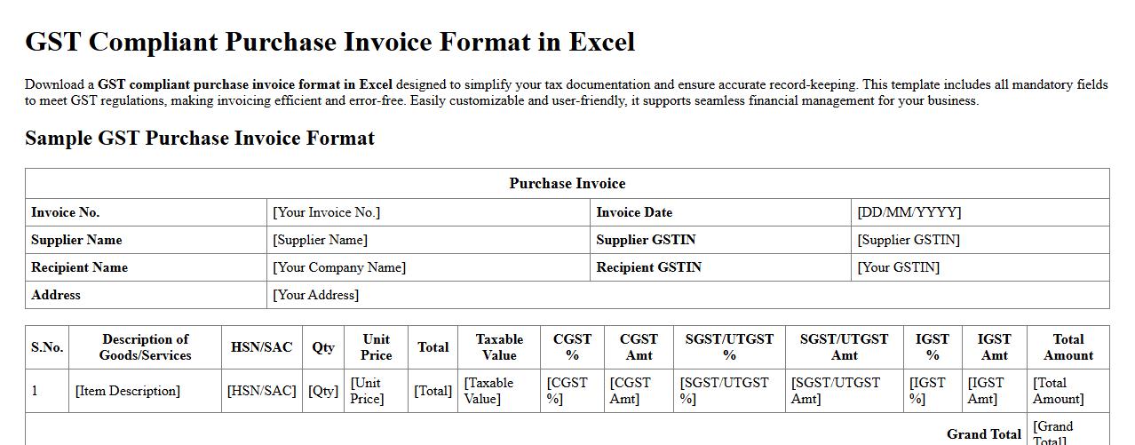 GST compliant purchase invoice format in Excel image preview