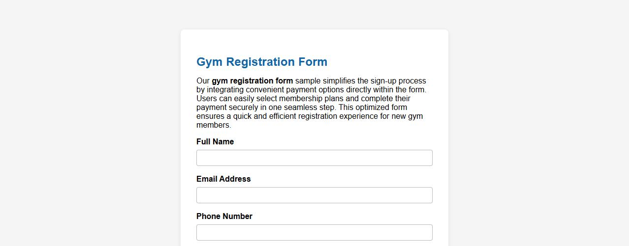Gym registration form sample with payment options image preview