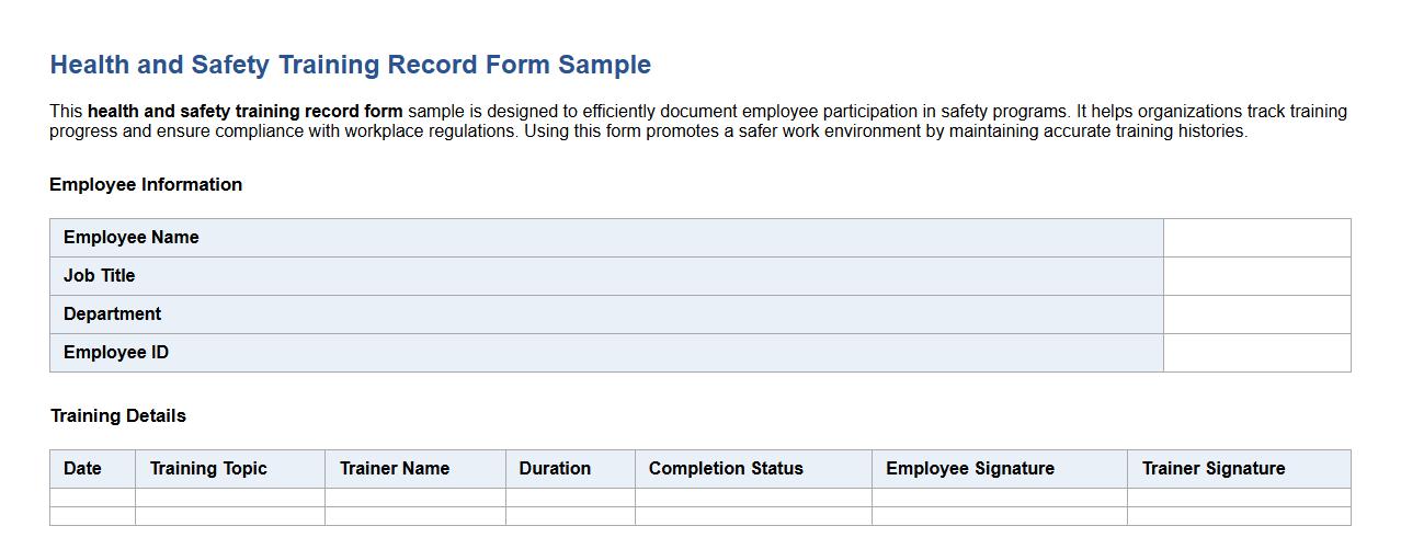 health and safety training record form sample image preview