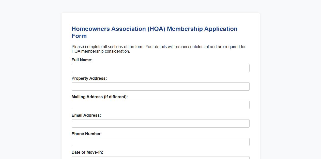 HOA membership application form sample with terms and conditions image preview