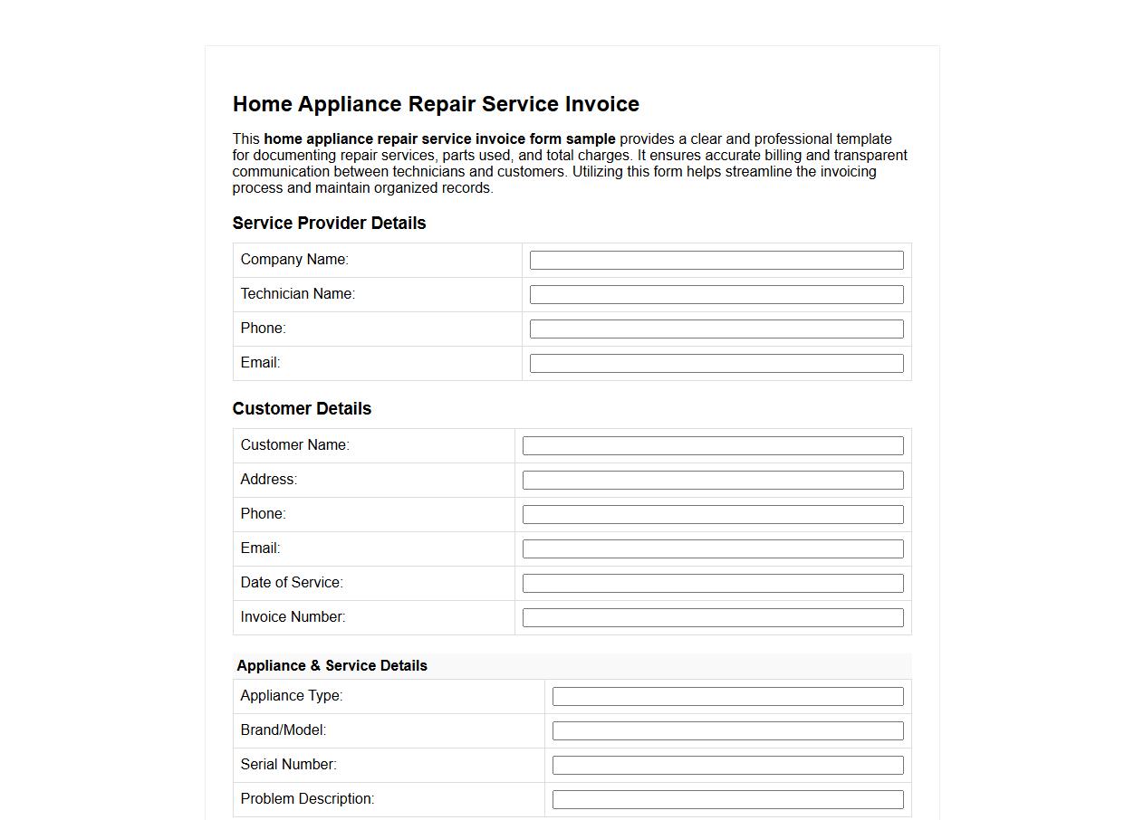 home appliance repair service invoice form sample image preview